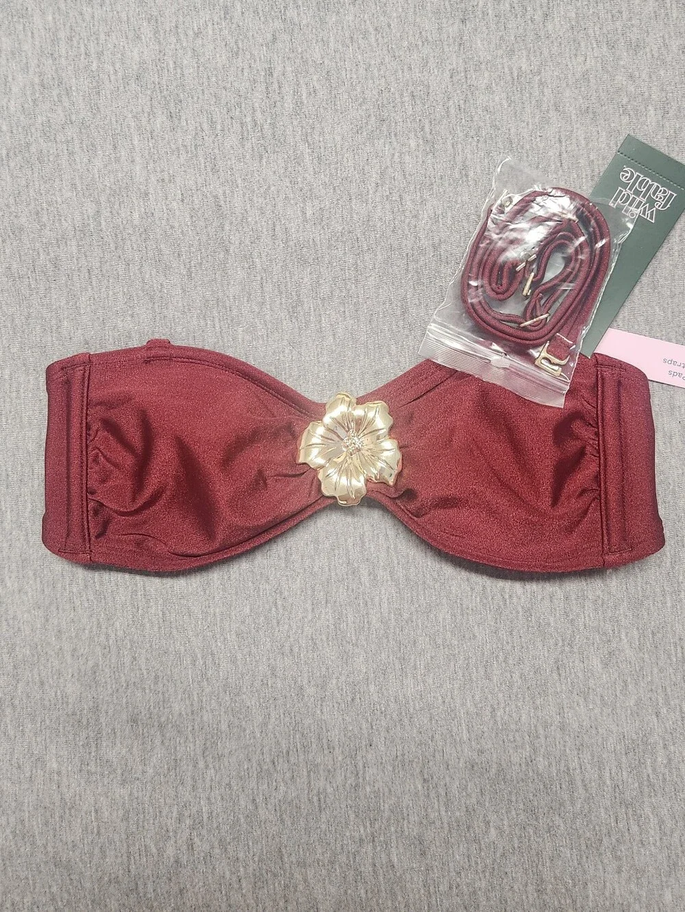 Wild Fable High‑Shine Metal Hardware Bandeau Bikini Top – Burgundy XXS